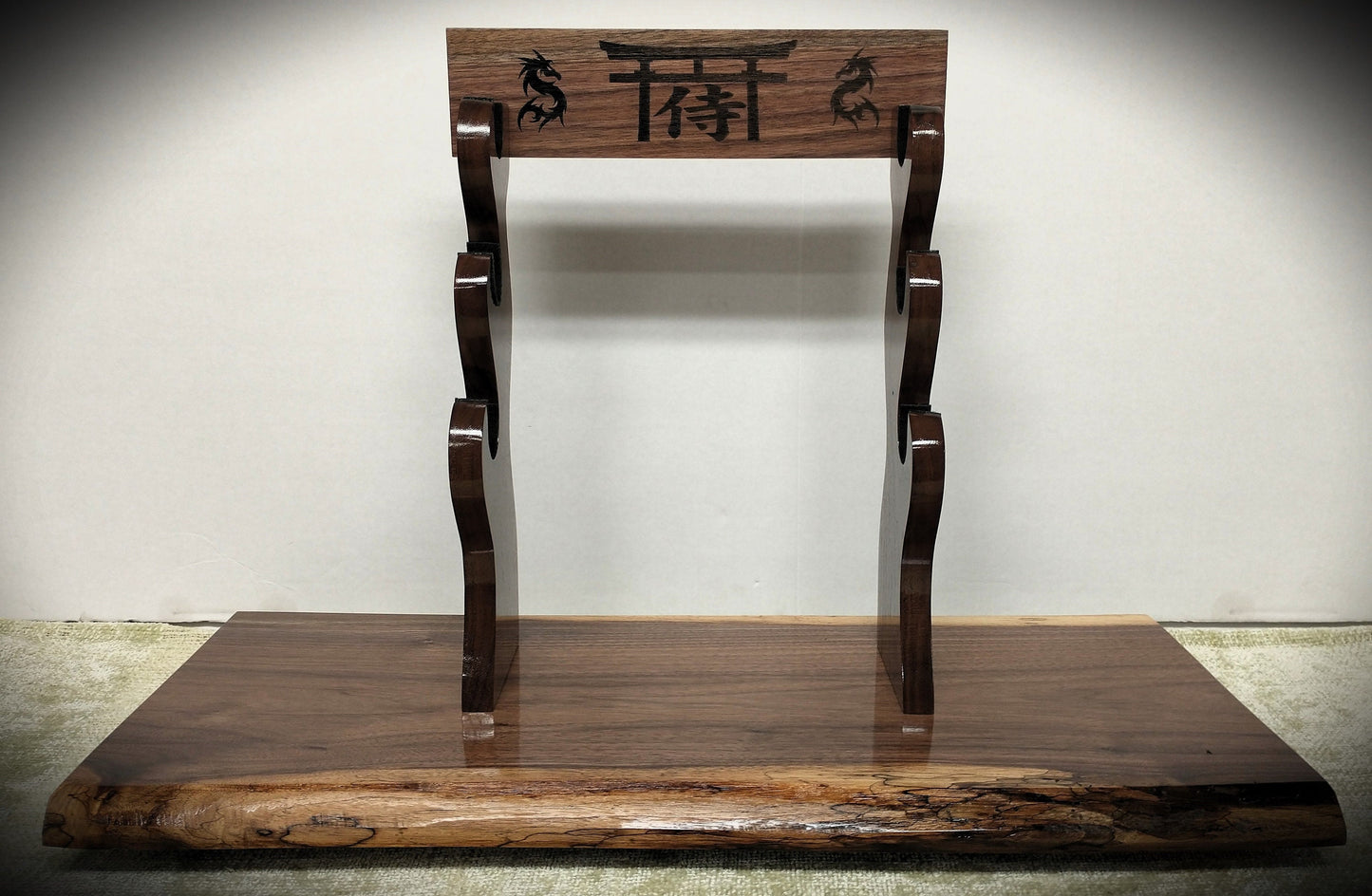 Rustic Live Edge 3 Tier Beautiful Dark Walnut Japanese Samurai Sword Display Stand Collectors Gift