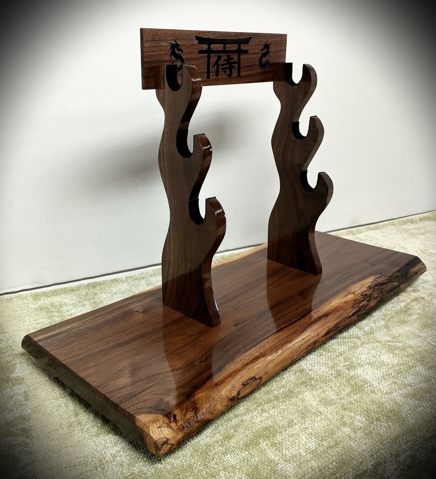 Rustic Live Edge 3 Tier Beautiful Dark Walnut Japanese Samurai Sword Display Stand Collectors Gift