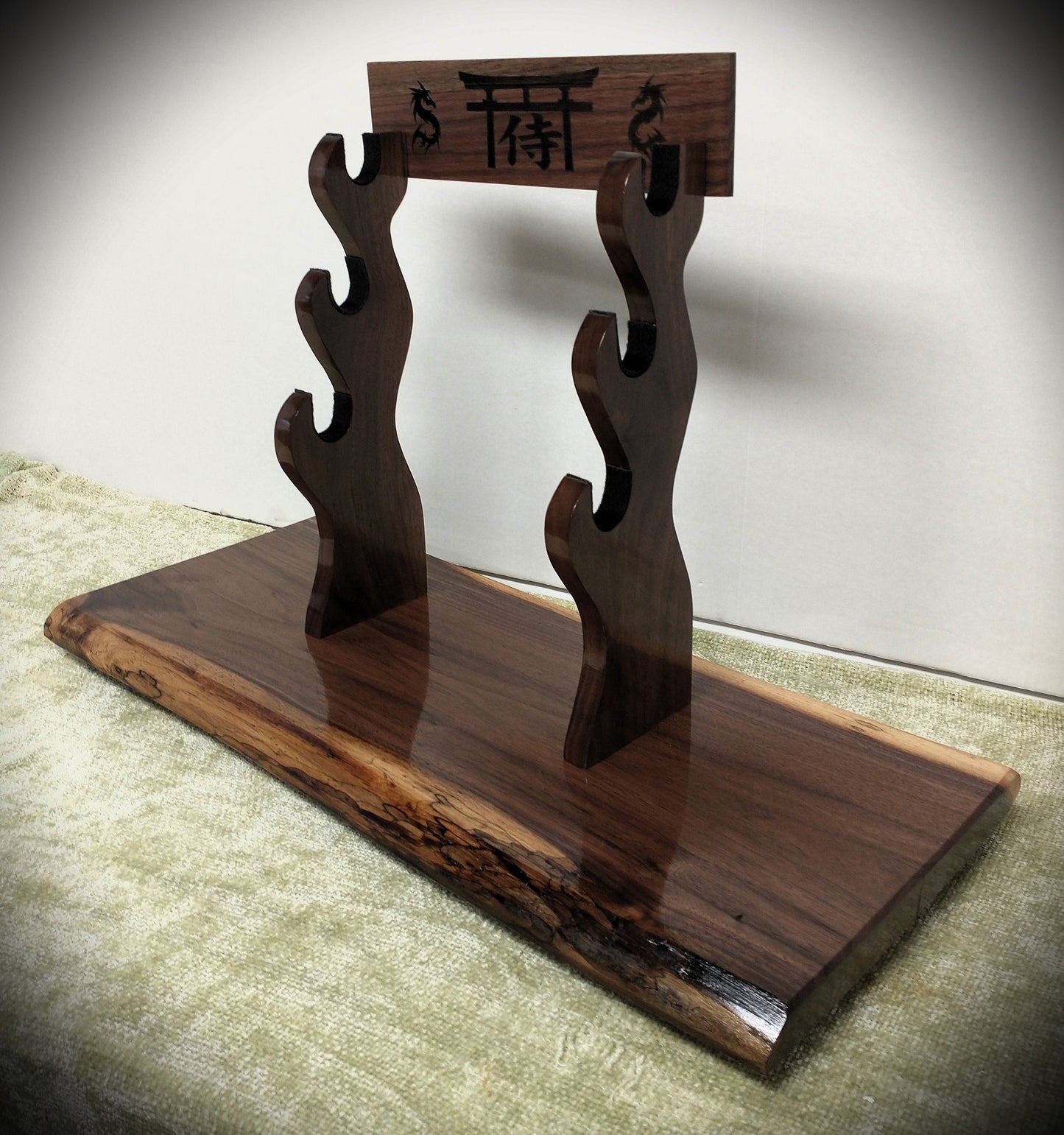 Rustic Live Edge 3 Tier Beautiful Dark Walnut Japanese Samurai Sword Display Stand Collectors Gift