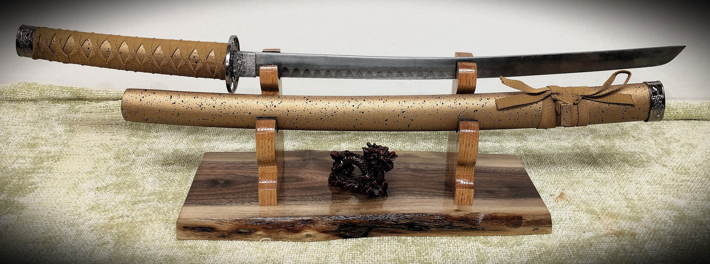 Rustic Live Edge Walnut K-bar, Small Katana, Dagger, Sheath with Blade/Handle Display Stand Collectors Gift