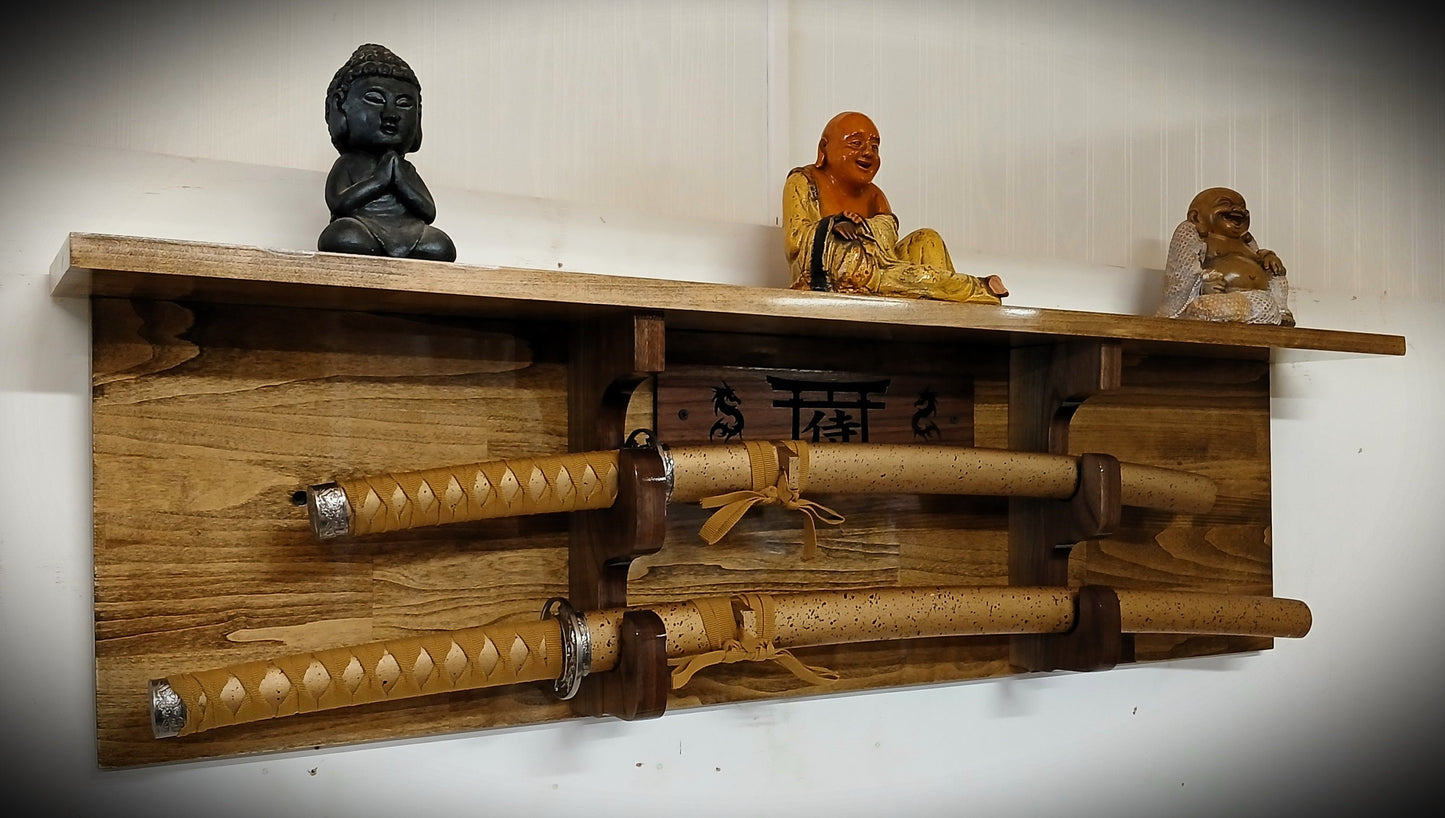 Traditional 2 Tier Sword Rack/Shelf Display Beautiful Walnut Bushido Dragon Samurai Katana Great Collectors Gift