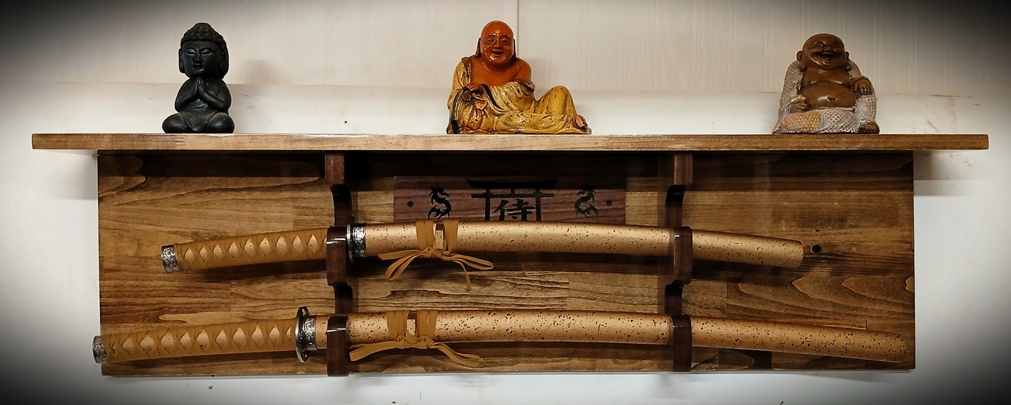Traditional 2 Tier Sword Rack/Shelf Display Beautiful Walnut Bushido Dragon Samurai Katana Great Collectors Gift