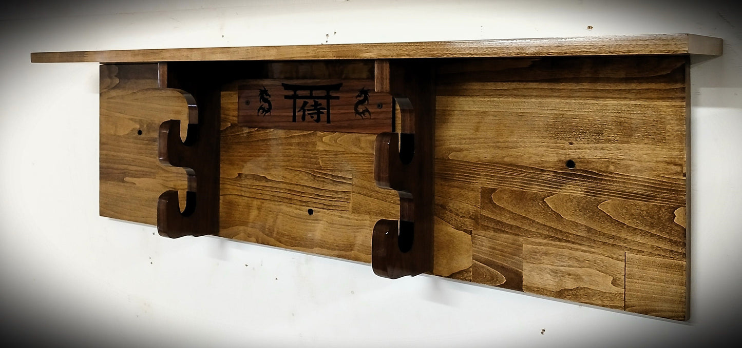 Traditional 2 Tier Sword Rack/Shelf Display Beautiful Walnut Bushido Dragon Samurai Katana Great Collectors Gift