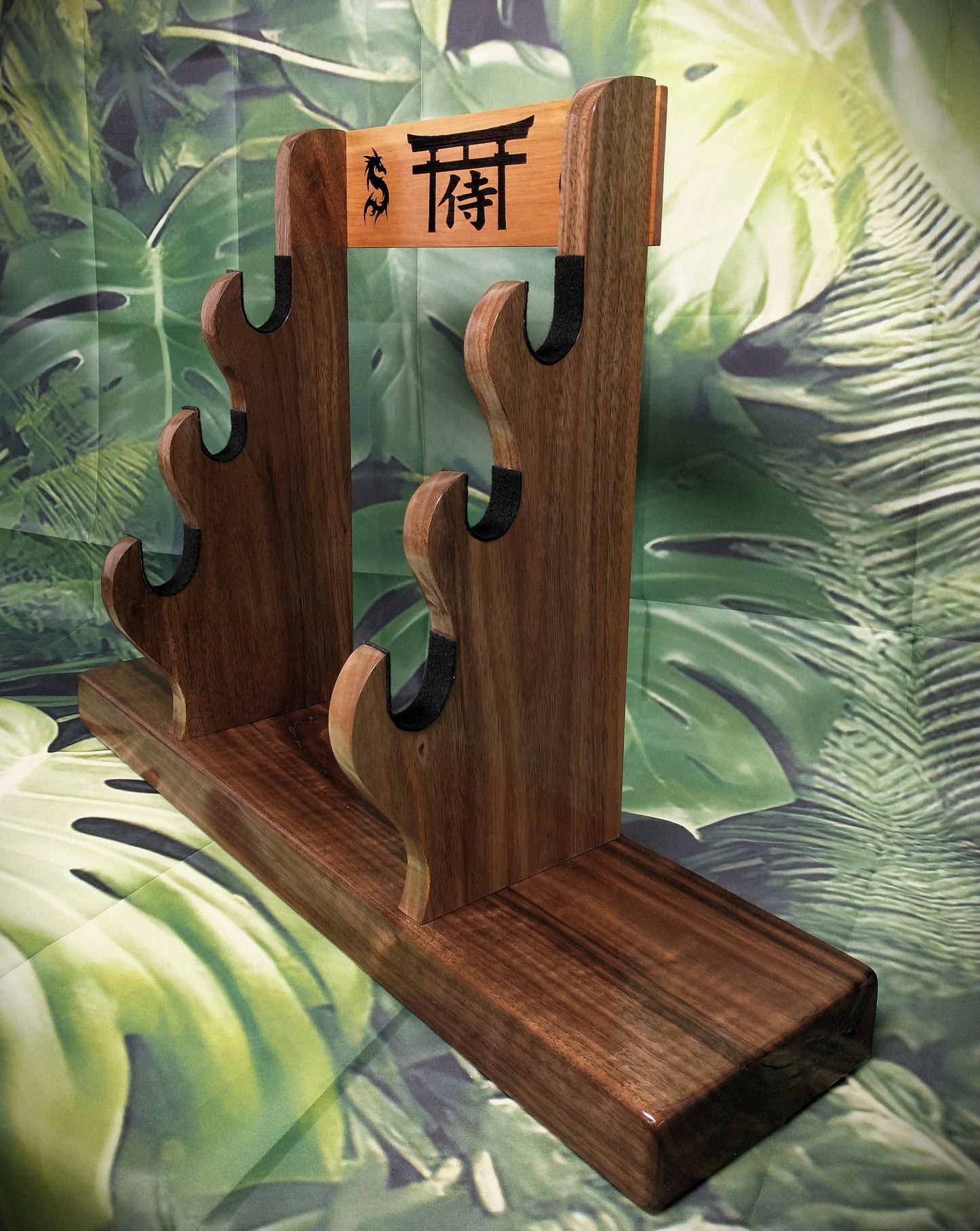 Tradition 3 Tier Beautiful Dark Flame Walnut Japanese Samurai Sword Display Stand Collectors Gift