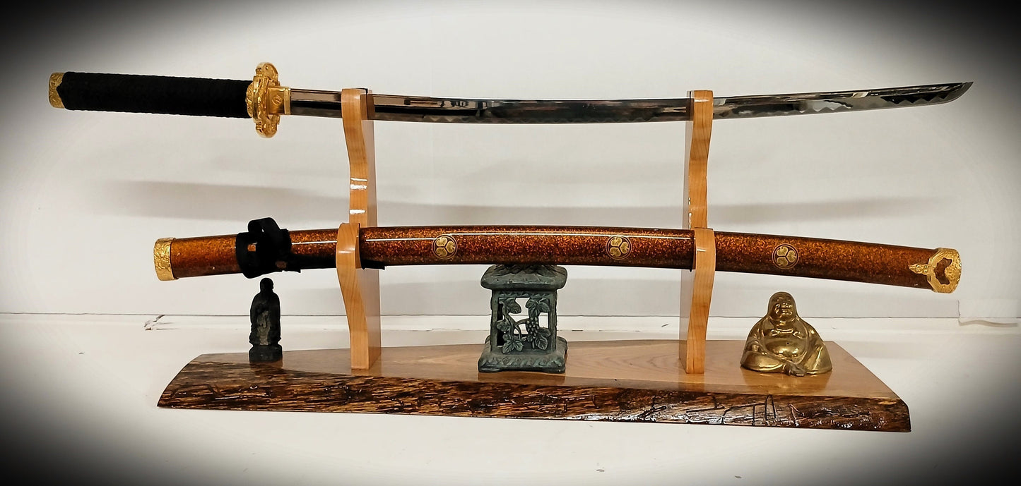 Vintage Sword Display Stand Rustic Live Edge Oak Military Saber Katana Long Sword Blade and Sheath Unique Gift, FREE SHIPPING