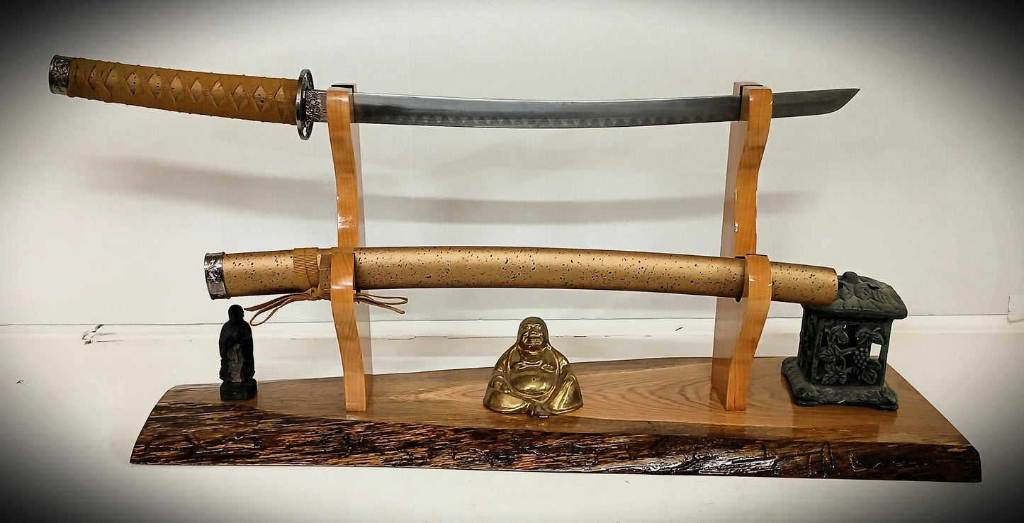Vintage Sword Display Stand Rustic Live Edge Oak Military Saber Katana Long Sword Blade and Sheath Unique Gift, FREE SHIPPING