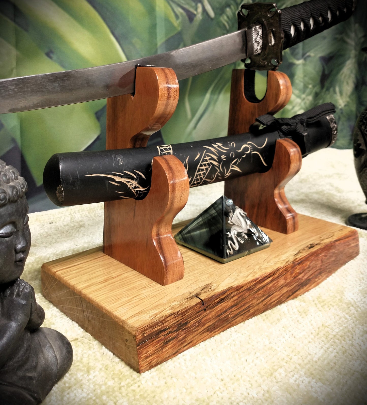 Rustic Live Edge Sword and Sheath Swamp Oak Rosewood Display Stand Samurai Military Collectors Gift