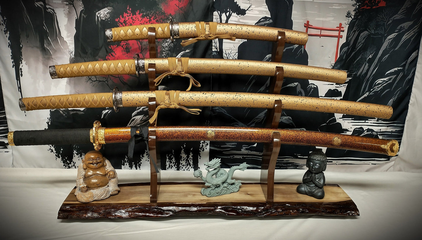 Rustic 4 Tier Dark Walnut Sword Stand Katana Wakizashi Tanto Sword Display Stand Japanese Samurai