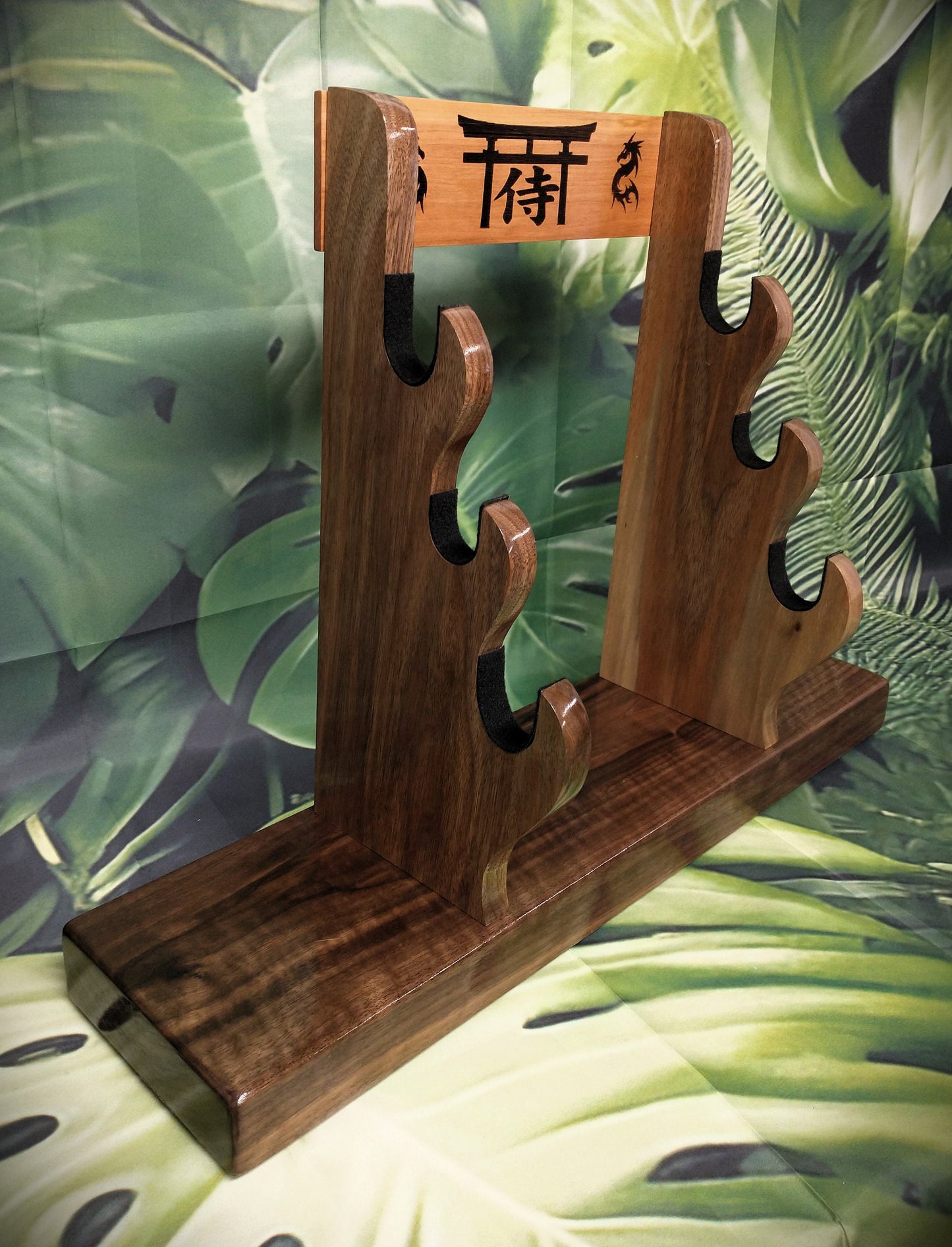 Tradition 3 Tier Beautiful Dark Flame Walnut Japanese Samurai Sword Display Stand Collectors Gift