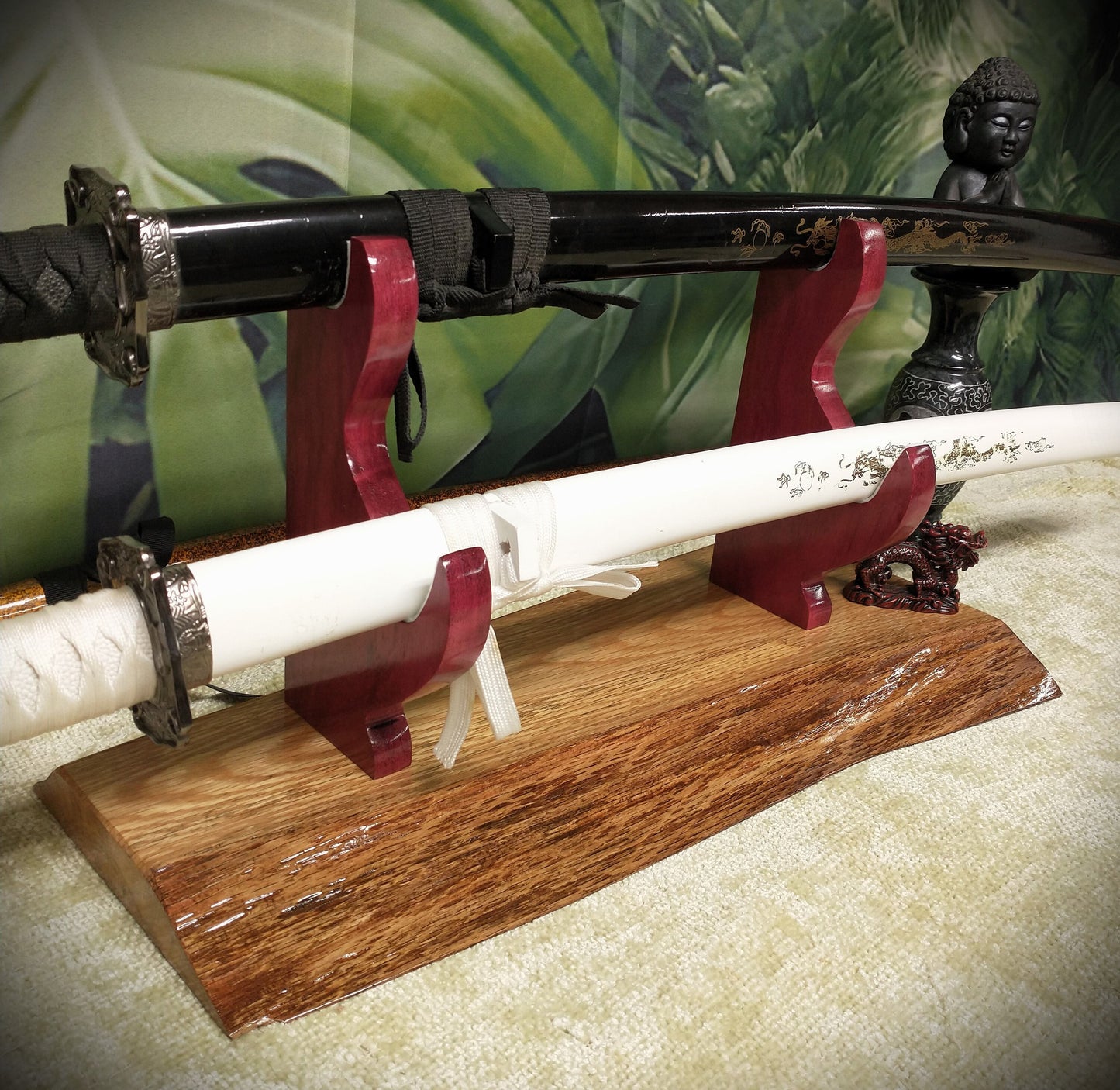 Live Edge Rustic 2 Tier Oak Purple Heart Display Stand Samurai Military Collectors Gift
