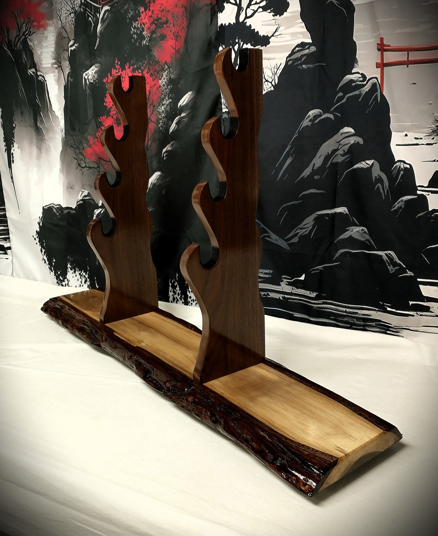 Rustic 4 Tier Dark Walnut Sword Stand Katana Wakizashi Tanto Sword Display Stand Japanese Samurai