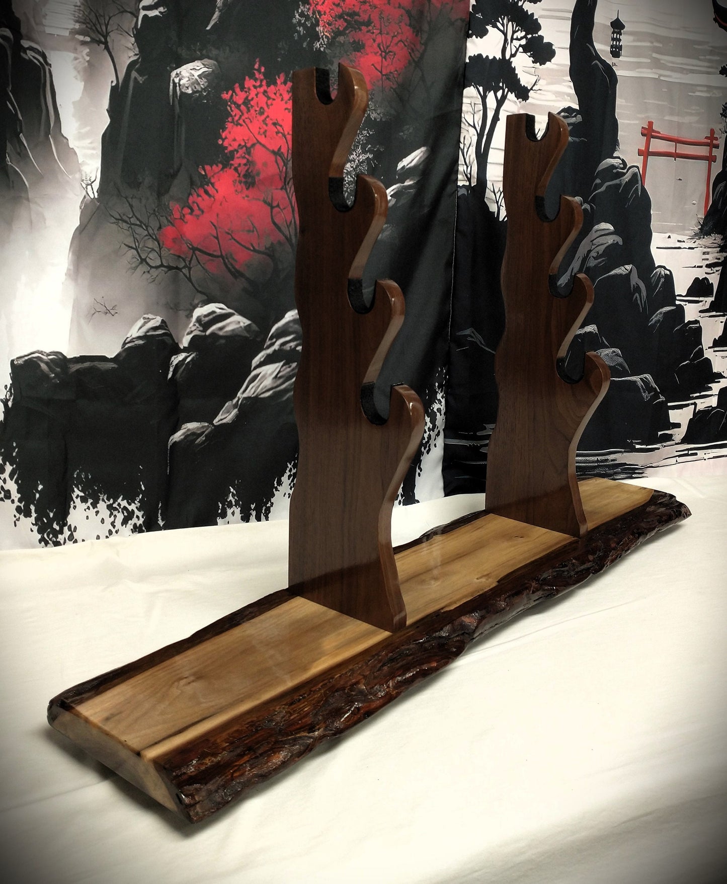 Rustic 4 Tier Dark Walnut Sword Stand Katana Wakizashi Tanto Sword Display Stand Japanese Samurai