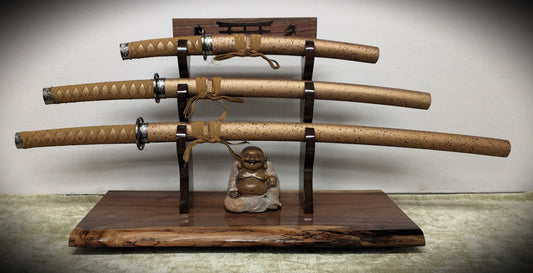 Rustic Live Edge 3 Tier Beautiful Dark Walnut Japanese Samurai Sword Display Stand Collectors Gift