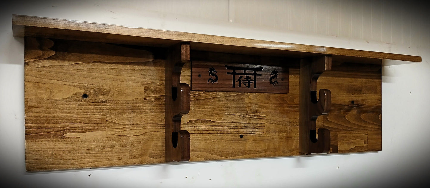 Traditional 2 Tier Sword Rack/Shelf Display Beautiful Walnut Bushido Dragon Samurai Katana Great Collectors Gift