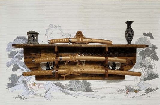 2 Tier Traditional Sword Rack/Shelf Display Beautiful Golden Walnut Bushido Samurai Katana Great Collectors Gift