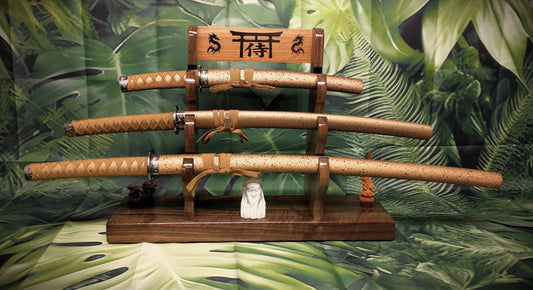 Tradition 3 Tier Beautiful Dark Flame Walnut Japanese Samurai Sword Display Stand Collectors Gift