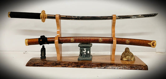 Vintage Sword Display Stand Rustic Live Edge Oak Military Saber Katana Long Sword Blade and Sheath Unique Gift, FREE SHIPPING