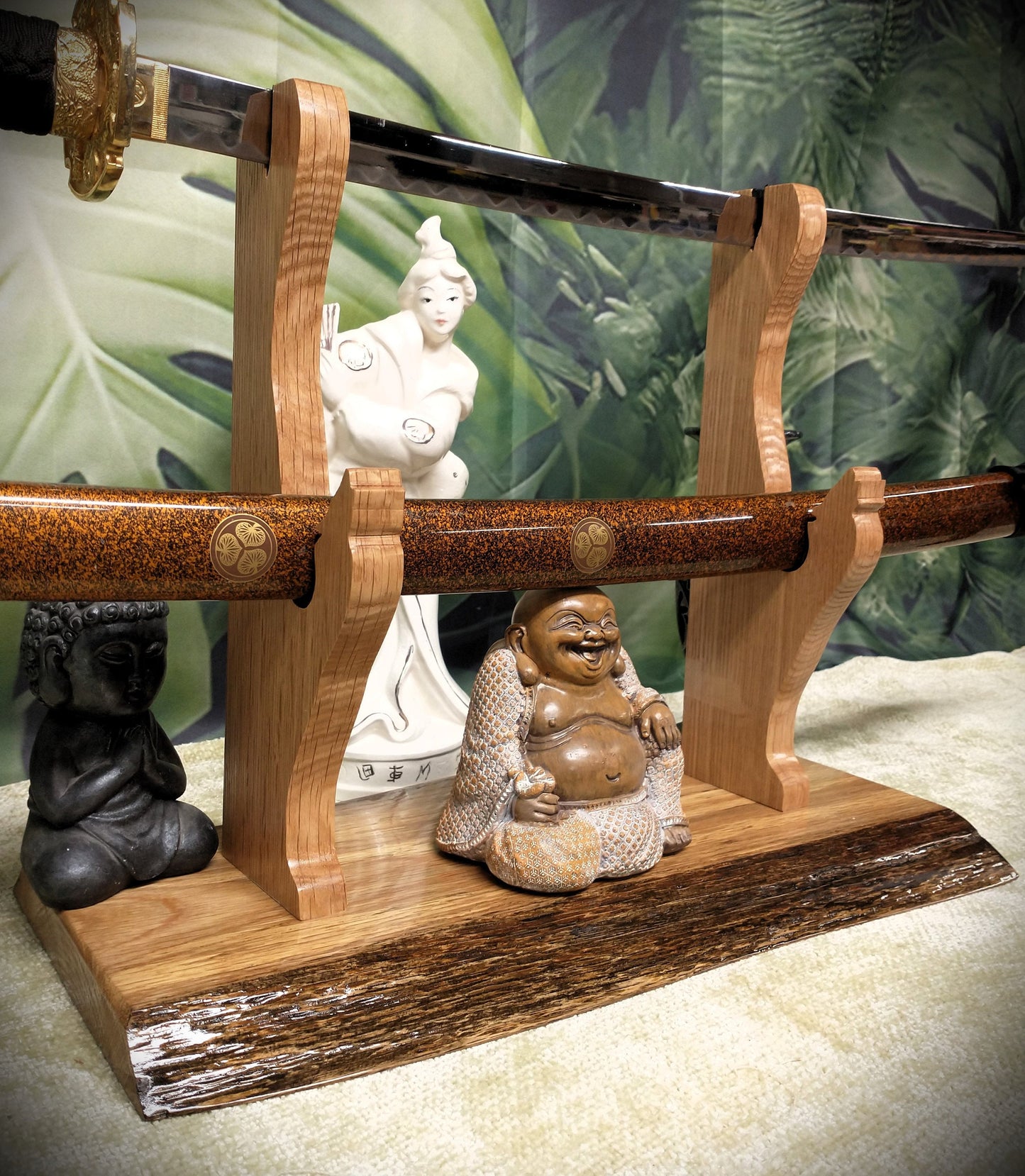Rustic Live Edge Oak Wolf Sword and Sheath Display Stand Military Samurai Collectors Veterans Gift