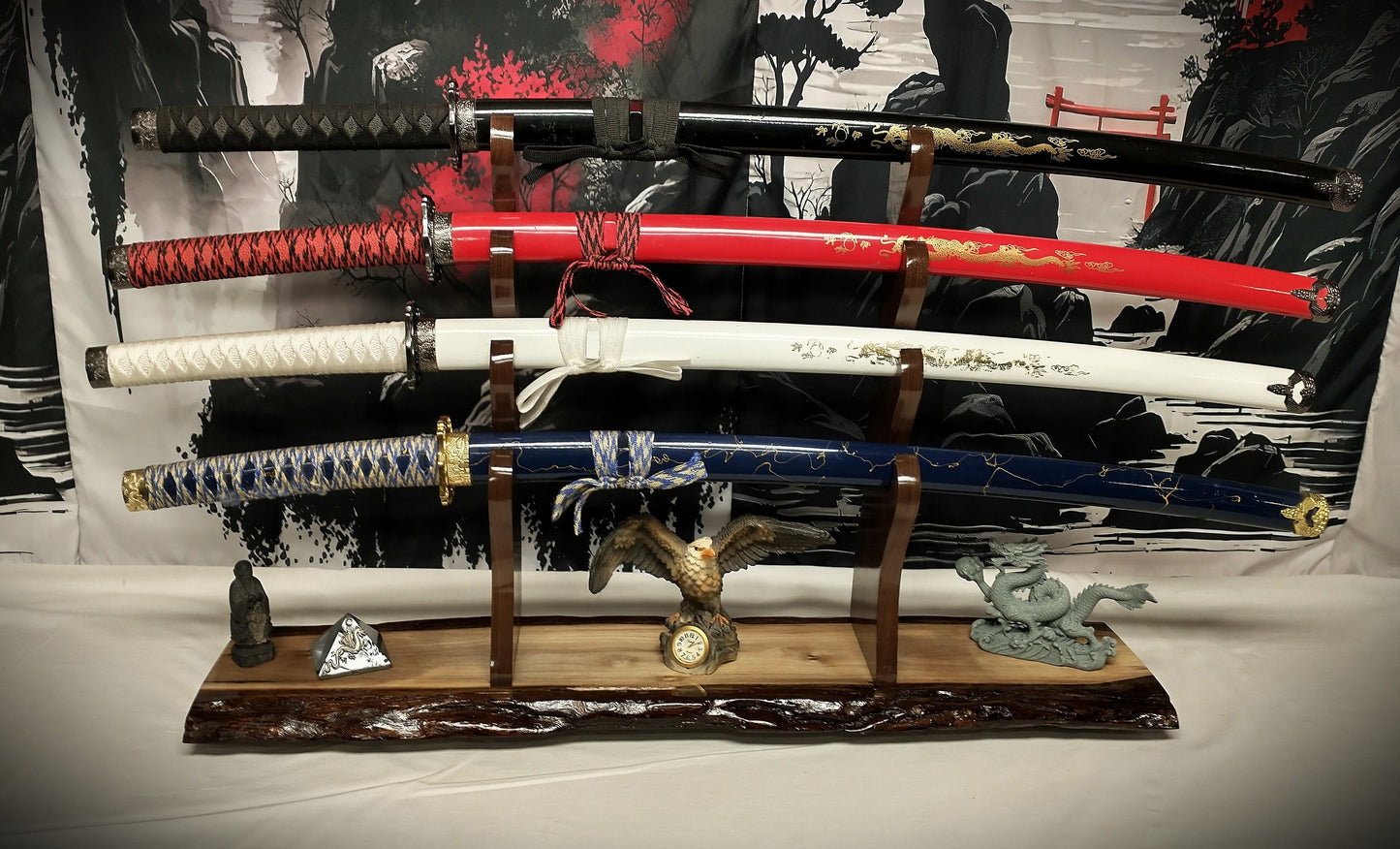 Rustic 4 Tier Dark Walnut Sword Stand Katana Wakizashi Tanto Sword Display Stand Japanese Samurai