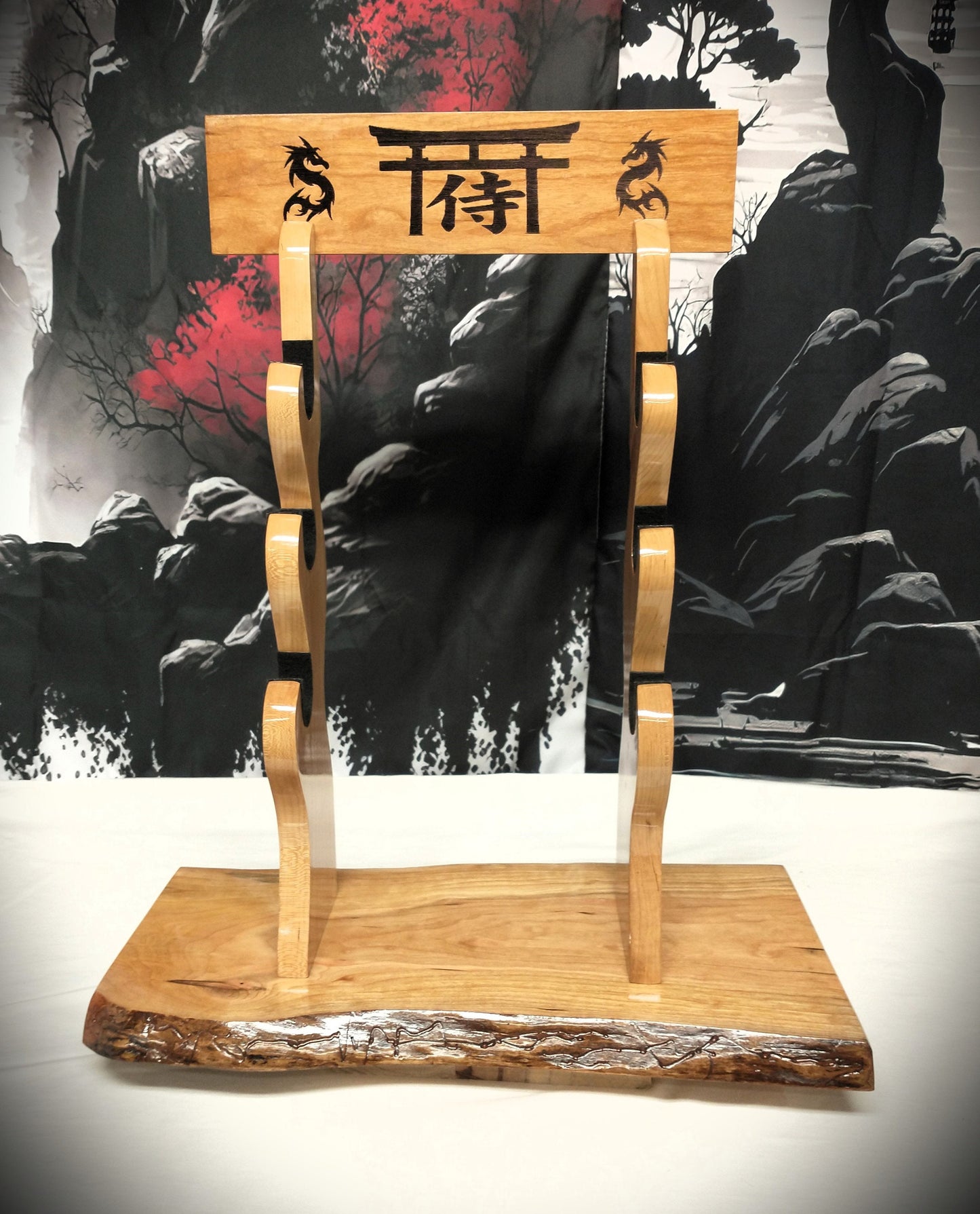 Live Edge Rustic 3 Tier Beautiful Cherry Japanese Samurai Sword Display Stand Collectors Gift