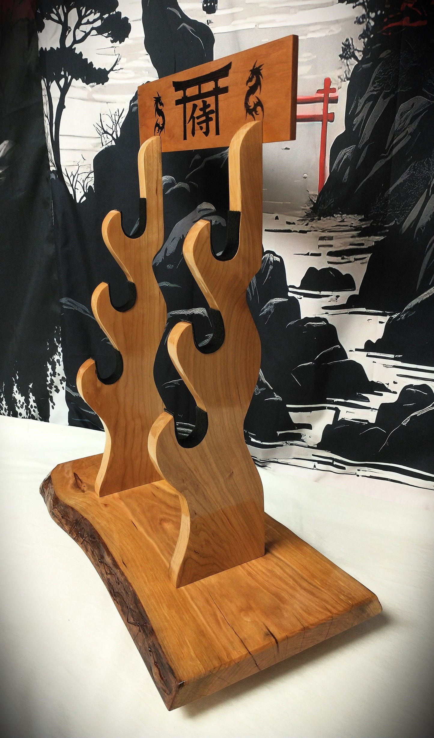 Live Edge Rustic 3 Tier Beautiful Cherry Japanese Samurai Sword Display Stand Collectors Gift