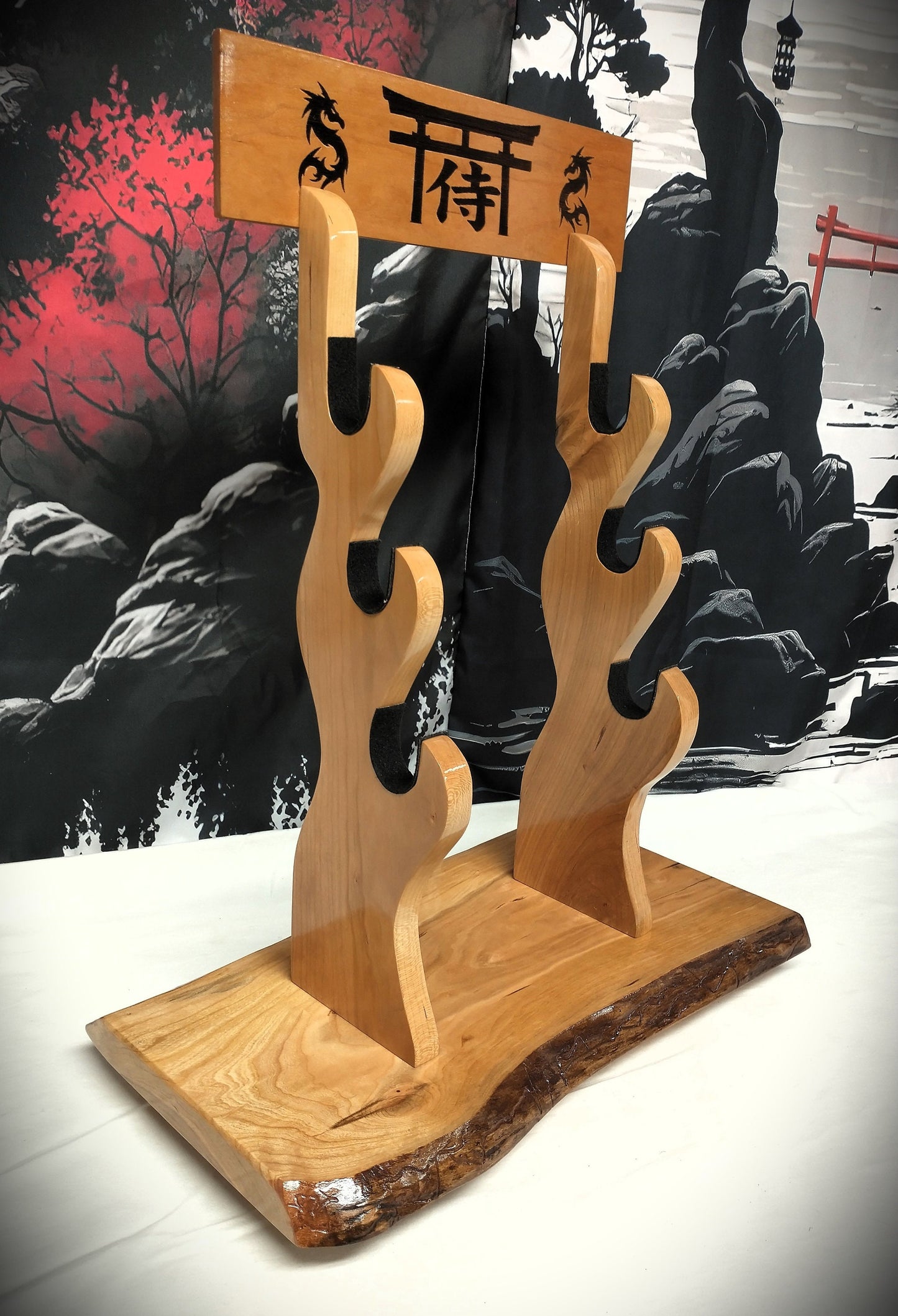 Live Edge Rustic 3 Tier Beautiful Cherry Japanese Samurai Sword Display Stand Collectors Gift